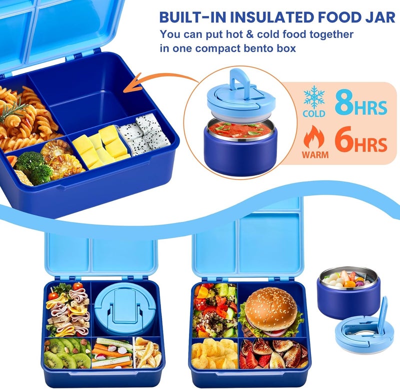 BABHAMNESS Bento Lunch Box with 8oz Soup Thermo,Kids Leakproof 4 Compartment Lunch Food Containers with Sauce Cup and Ice Pack,Kids Thermo Insulated Hot Food Jar and Lunch Bag for School,Trvael-Blue - Image 2
